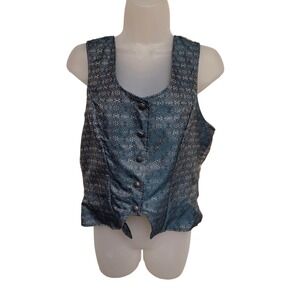 Wah‎ Maker Western Vest Brocade Button Front Sleeveless Top Teal Silver L